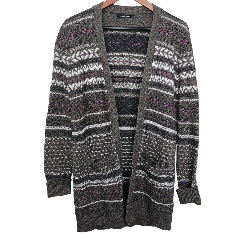 Abercrombie & Fitch Cardigan Sweater Brown Fair Isle Knit Open Front Size S